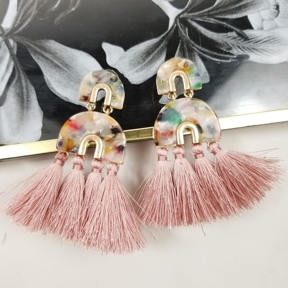 marble acetate earrings Pink Half Circle tassel - Picture 5 of 8